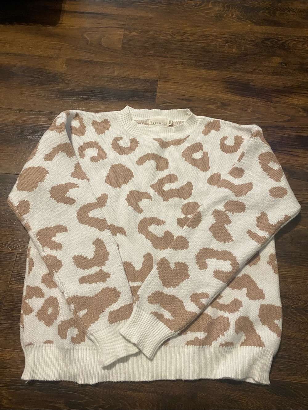 Dreamers Cream Sweater with Tan Leopard Print Size S/M